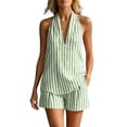 thumbnail image 2 of Casual Summer Outfits 2 Piece Matching Clothing Set Women's Striped V Neck Two-Piece Set Outfit Sleeveless Top And Stretch Waist Shorts Set Summer Vacation Set. Green M, 2 of 9