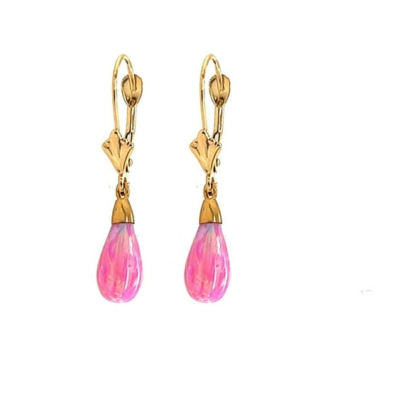 14K Solid Yellow Gold Dangle Pink Opal Leverback Earrings For Women Jewelry