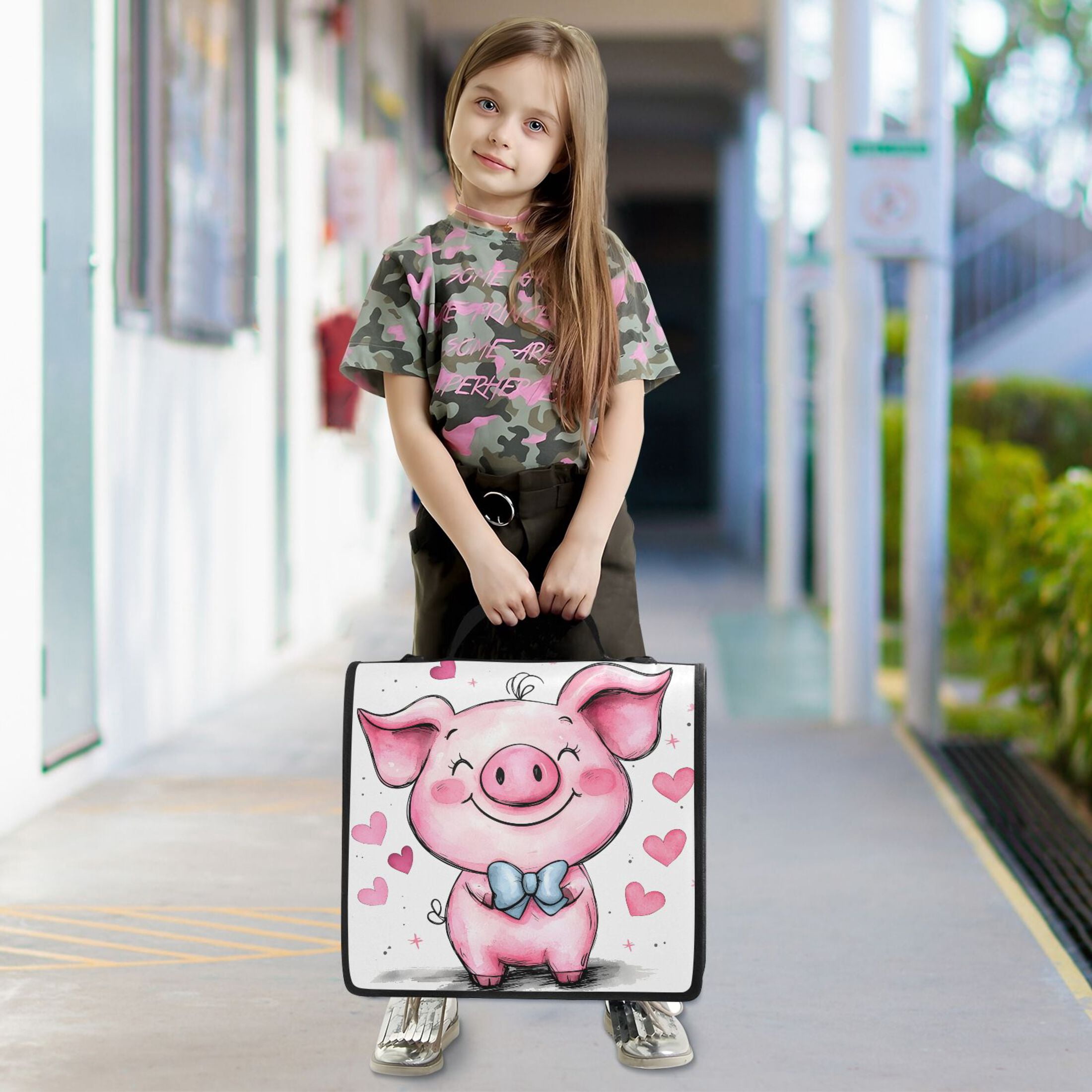 3 Ring Zipper Binder with Shoulder Strap Waterproof Trapper Keeper 2 Inch D-Ring 500 Sheets Capacity Cute Pink Pig and Heart
