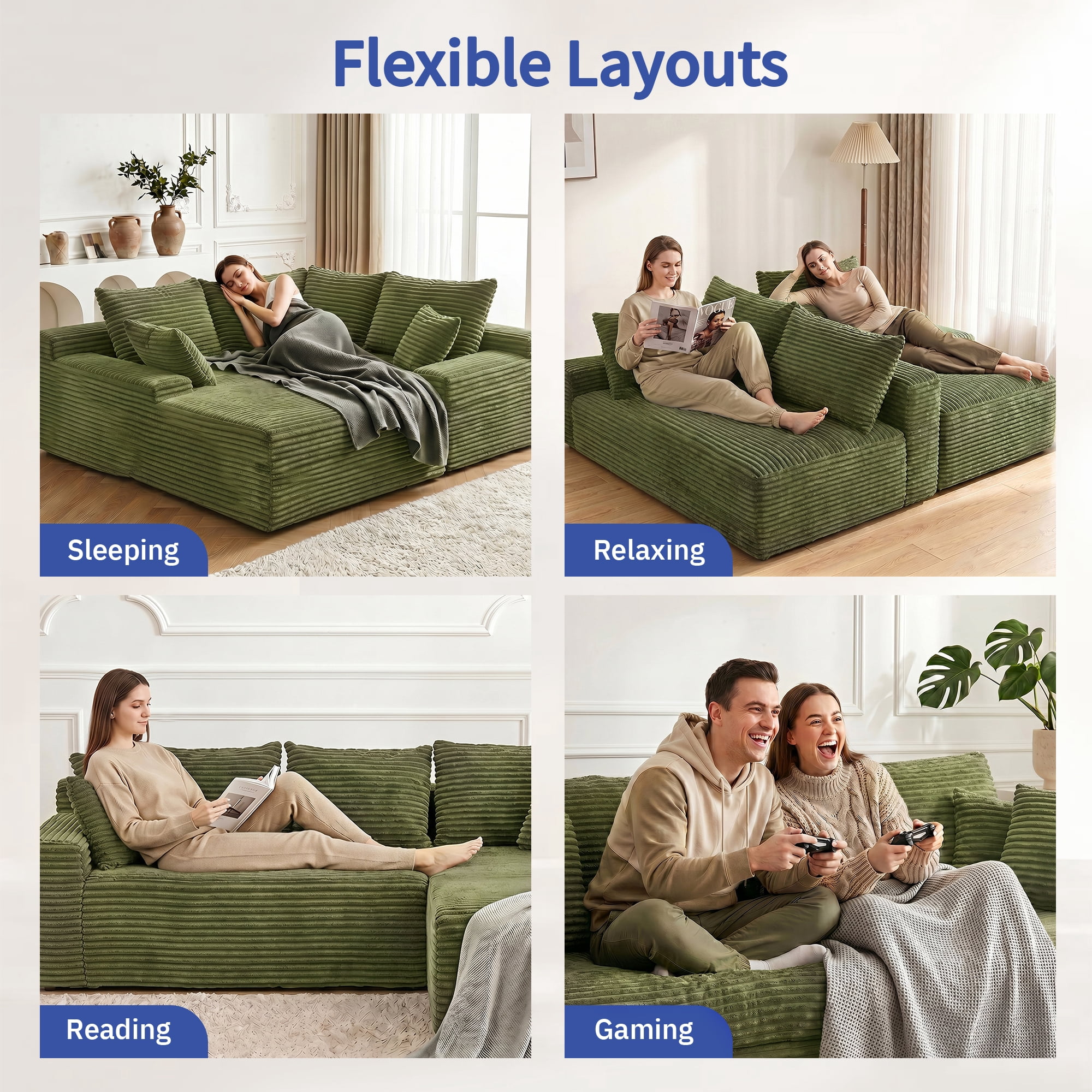 Leumius 95" Boneless Modular Sectional Sofa with Chaise,L-Shaped Comfy Corduroy Couch with Deep Seat,Upholstered Sectional Couch for Living Room, No Assembly,Green