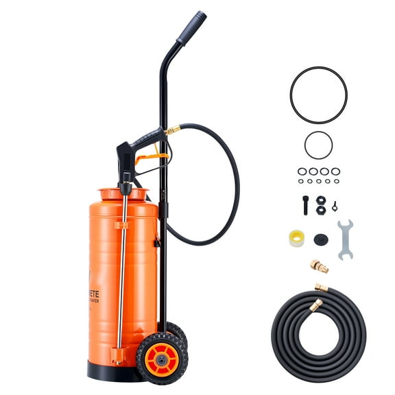 KFFKFF Industrial Concrete Sprayer with Wheeled Cart, 3.5 Gallon Stainless Steel Tank, Durable Tri-Poxy Pump, 20.5" Wand, 48" and 120" Hoses, 2 Brass Nozzles for Construction, Lawn