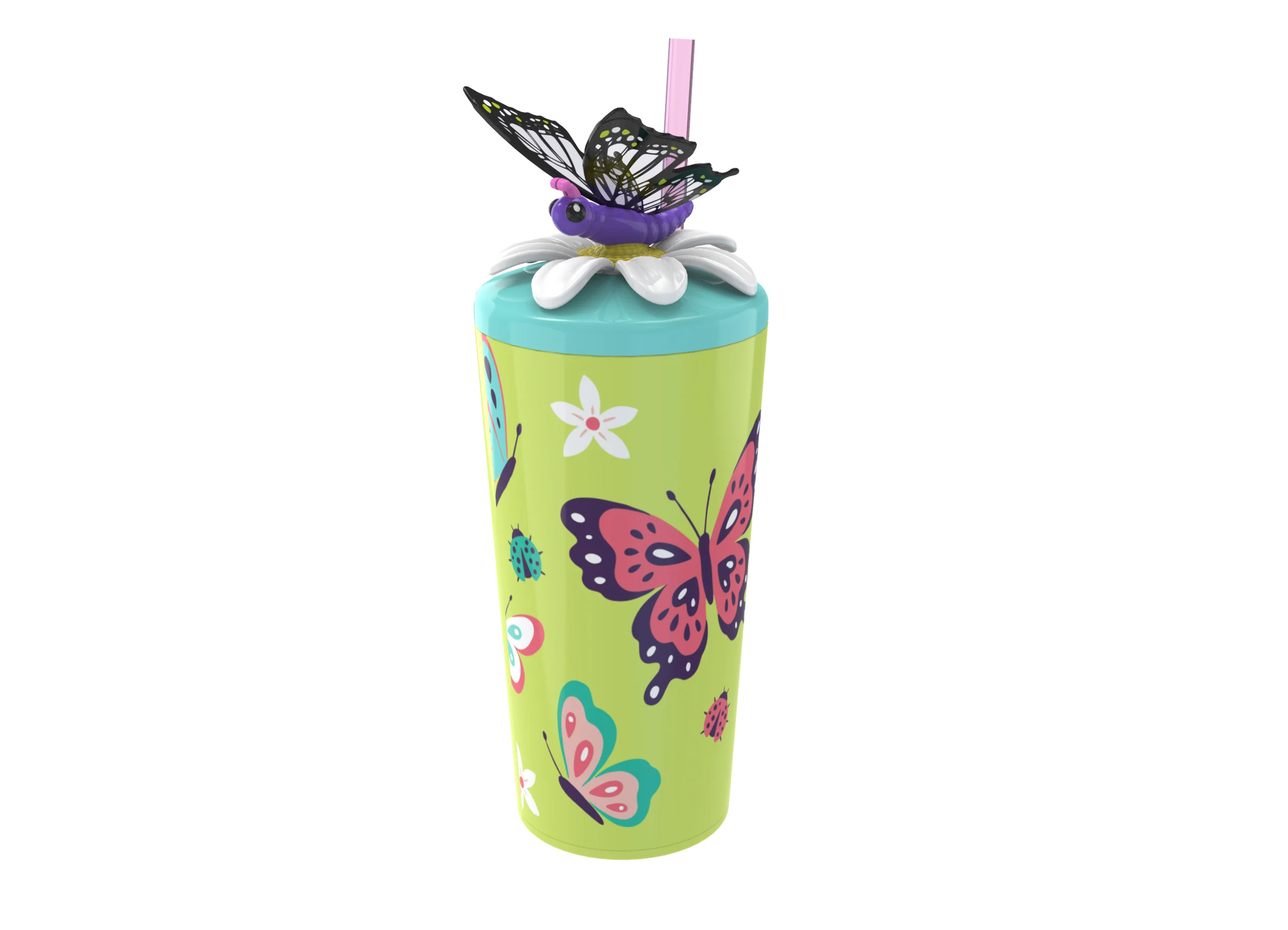 Cool Gear 4-Pack 18 oz Fun Toppers Butterfly Character Lid Tumblers with straw included | Durable, Reusable Water Bottle Gift for Kids, Adults - image 3 of 5