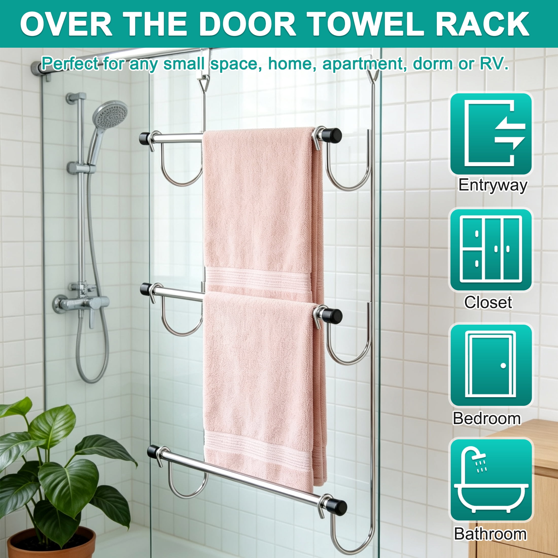 3 Tier Over The Door Towel Rack, No Drill Stainless Steel Towel Holder, Space Saving Door Hanging Towel Rack for Bathroom Storage