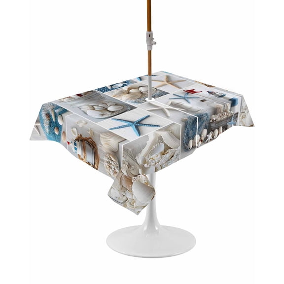 Outdoor Table Cloth with Umbrella Hole and Zipper, Coastal Waterproof Rectangle Tablecloth 60"x102", Summer Beach Starfish Nautical Sea Shell Washable Table Cover for Outside Party Patio Picnic