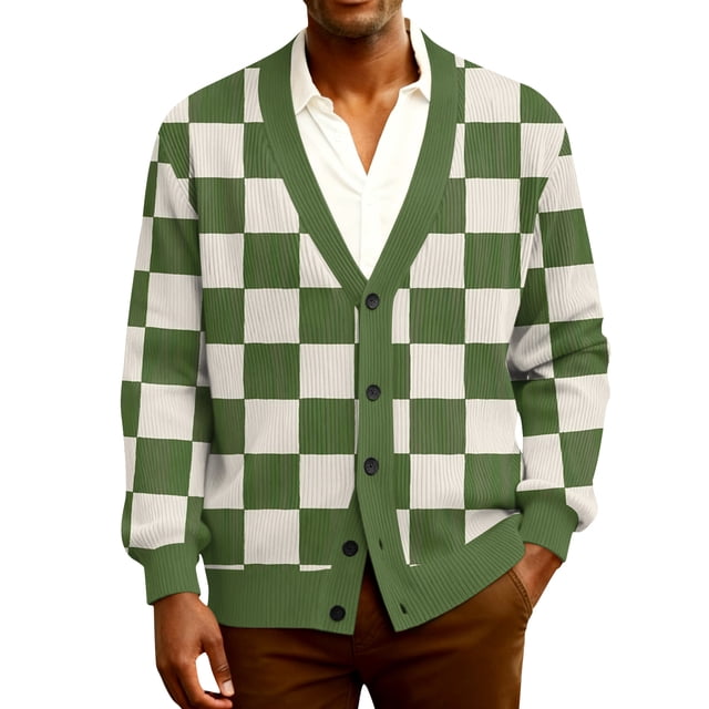 YIFUNIN Men's Ribbed Knit Cardigan, Long Sleeve Casual Open Front Jacket, Lightweight Plaid Print Sweater Coat for Fall Spring Layering Army Green 2XL