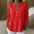 thumbnail image 2 of XPMWRP Waffle Knit Tops for Women Button Down V Neck Henley Shirts Spring Fashion Roll Long Sleeve Shirts Dressy Casual Tunics Red S, 2 of 7