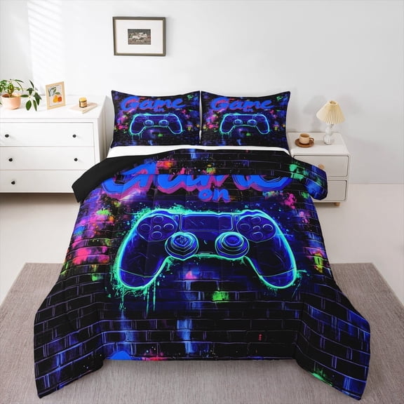 Erosebridal Video Game Bedding Twin Comforter Set,Gamepads Gamer Down Comforter,Abstract Geometric Bedding Sets Twin with Comforter,Lightweight Neon Room Decoration,Reversible,3pcs