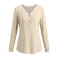 thumbnail image 1 of Camiseta de manga larga de color sólido con cuello en V para mujer, blusa suelta informal, caqui, S Scienceny AP003714-11, 1 of 6