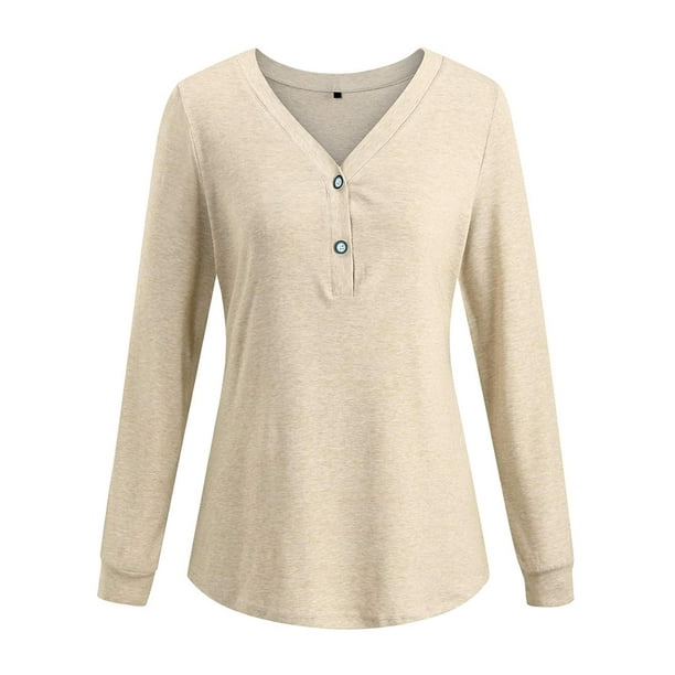 Camiseta de manga larga de color sólido con cuello en V para mujer, blusa suelta informal, caqui, L Eigraketly AP003714-13