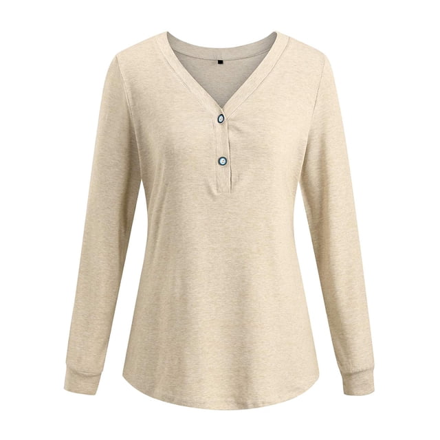 Camiseta de manga larga de color sólido con cuello en V para mujer, blusa suelta informal, caqui, S Scienceny AP003714-11