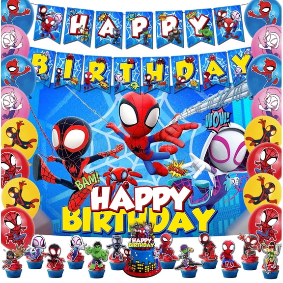 Birthday Party Supplies Set with Spider Hero Themed, Including Happy Birthday Banners,Background Flag,Cupcake Toppers, Balloons, Party Decor Set.