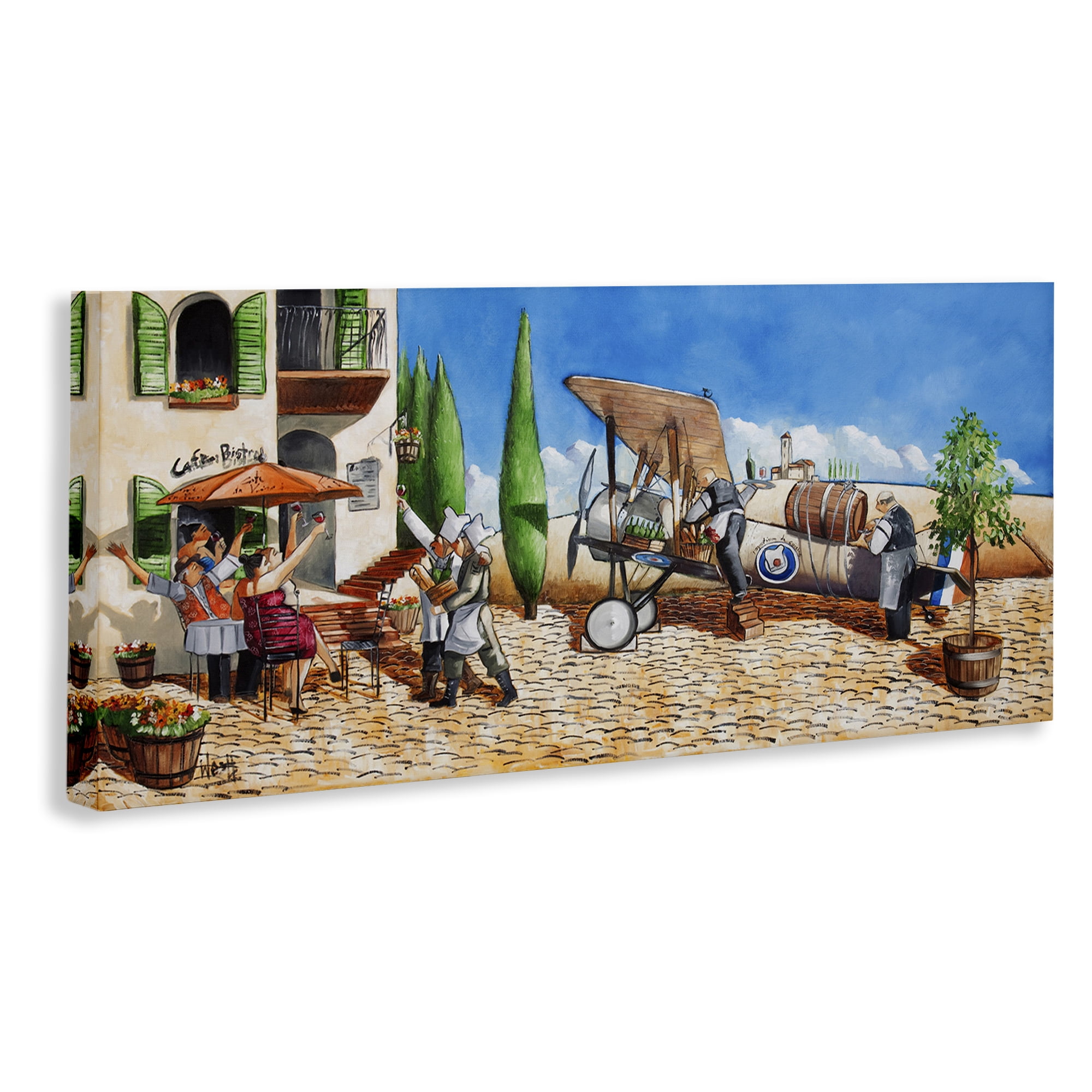 Stupell Industries Café & Airplane Scene Scenery Painting Gallery Wrapped Canvas Art Print Wall Art, 30 x 13