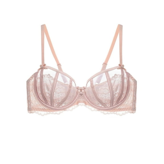 Women's Sexy Lace Bra Underwire Balconette Unlined Demi Sheer Plus Size（Pink,36D)