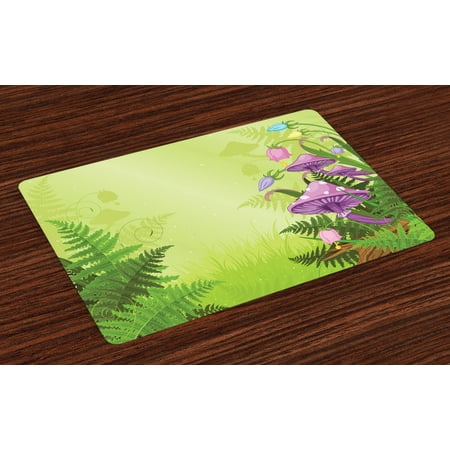 Mushroom Placemats Set of 4 Magic Landscape with Mushrooms Flowers in the Fresh Forest Ferns Cartoon Print, Washable Fabric Place Mats for Dining Room Kitchen Table Decor,Green Purple, by (Best Place To Find Magic Mushrooms)