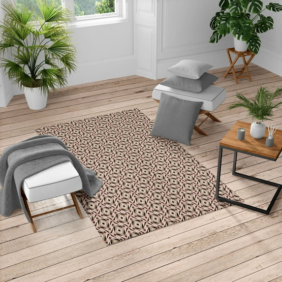Modern Turkish Area Rug, Retro 60s 70s Vintage Geometrical Rounds Triangles Pattern Art Image, Soft Carpet for Living Room Decor with Distressed Look, 4' X 5.7', Pale Tan, by Ambesonne