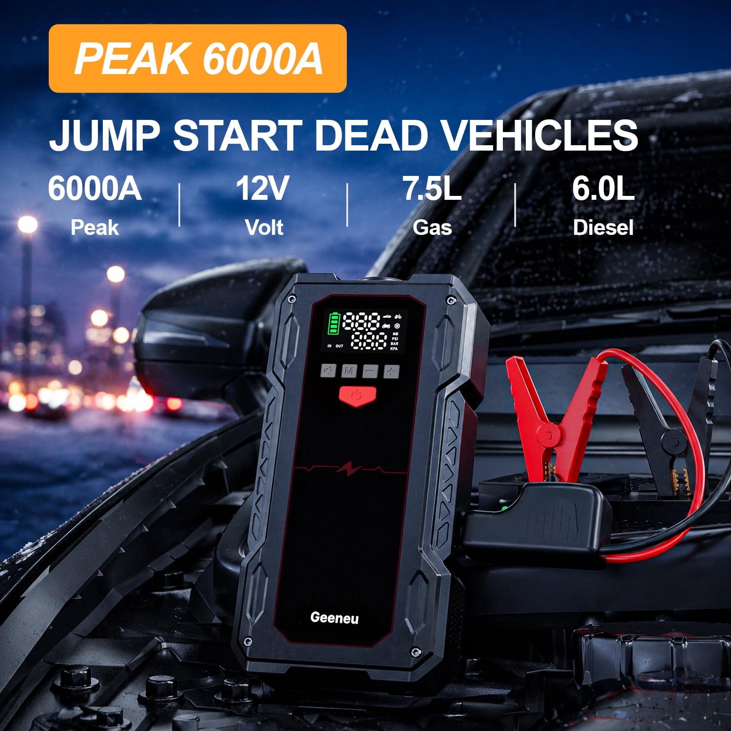 Geeneu Car Jump Starter,6000A Peak 12V Battery Jumper Pack for 7.5L Gas and Up to 6.0L Diesel Engine,Portable Battery Booster Box with USB Quick Charge and Type C Supersafe