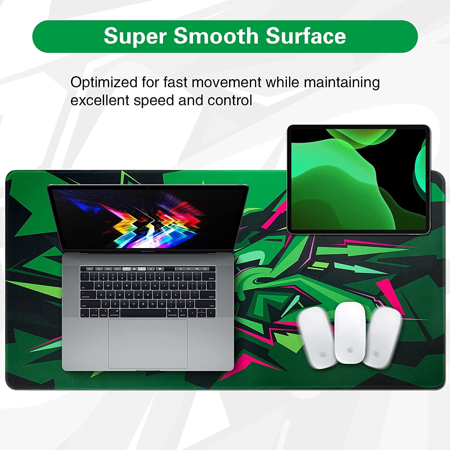 Gaming Mouse Pad, Extended Mouse Pad 31.5x15.7inch XXL Large Big Computer Keyboard Mouse Mat Desk Pad with Non-Slip Base and Stitched Edge for Home Office Gaming Work (Green Graffiti)