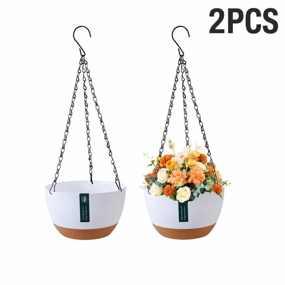 Hanging Flower Pot with Chain, PP Plastic Hanging Planter with Drainage Hole, Indoor Outdoor Hanging Plant Pot for Garden Balcony Patio,White