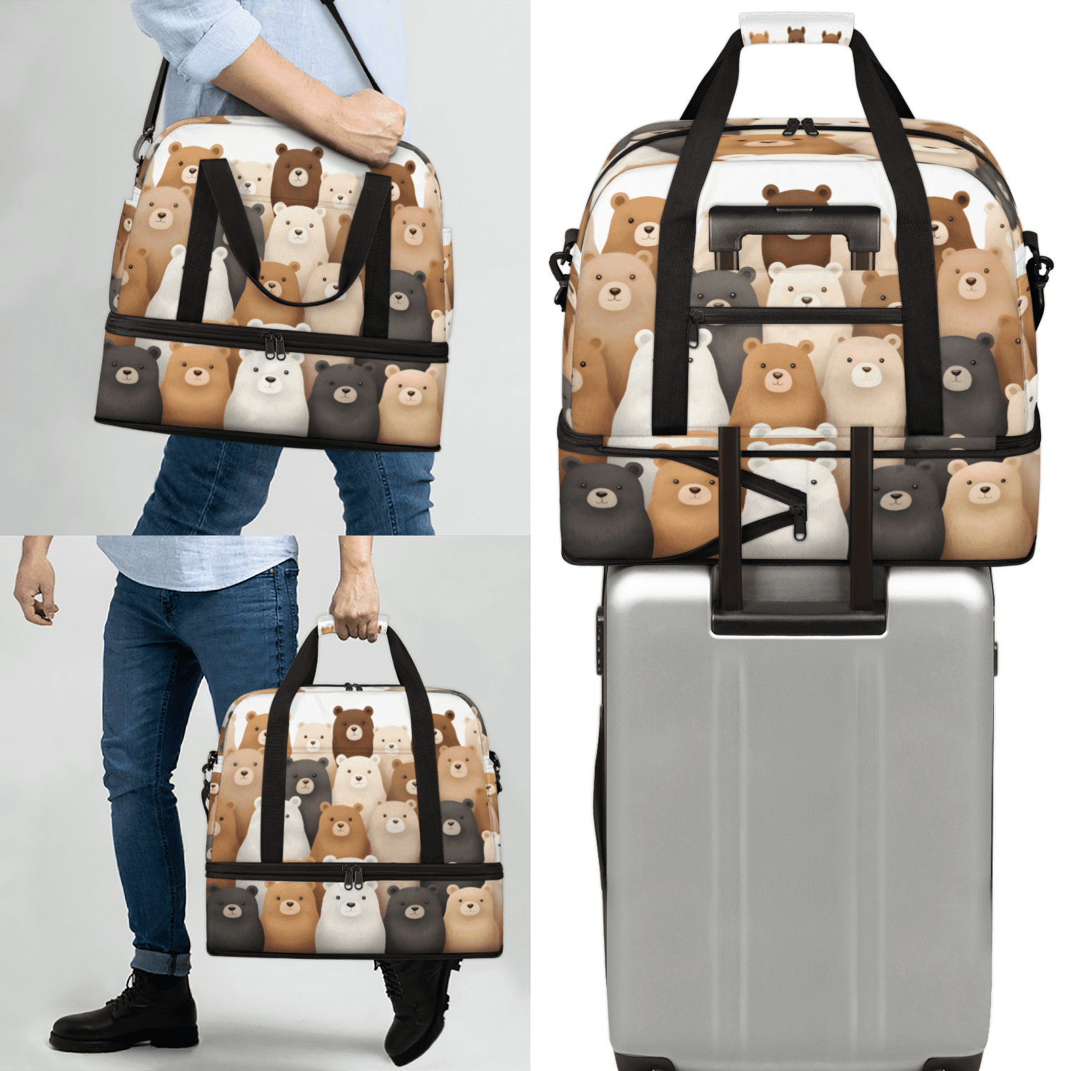 Herdesigns Bear Cute Foldable Travel Duffel Bag with Shoe Compartment, Weekend Overnight Carry On Bags for Men Women, Large Sports Gym Luggage