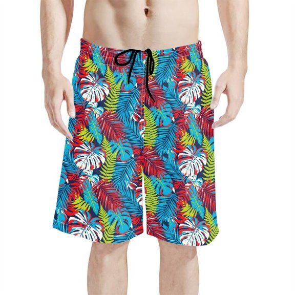 Binienty Elastic Waist Men's Swim Trunks, Tropical Leaf Print Men's Beach Shorts Personalized Men's Board Shorts, Breathable Quick Dry