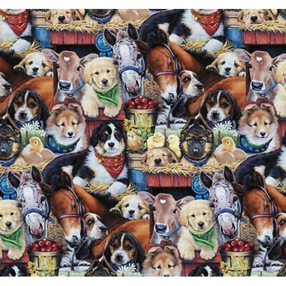 Handmade Valance, Curtain Panel, or Pillow Cover Puppies at the Barn