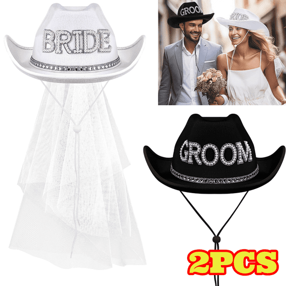 2pcs Bride Cowgirl Hat with Veil, Groom Cowboy Hat for Party Wedding Bridal Gifts