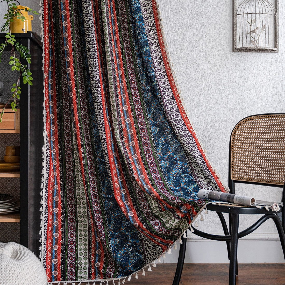 Boho Curtains With Beige Tassels Cotton Linen Semi-darkening Curtains (Set of 2) 59" W x 87" L