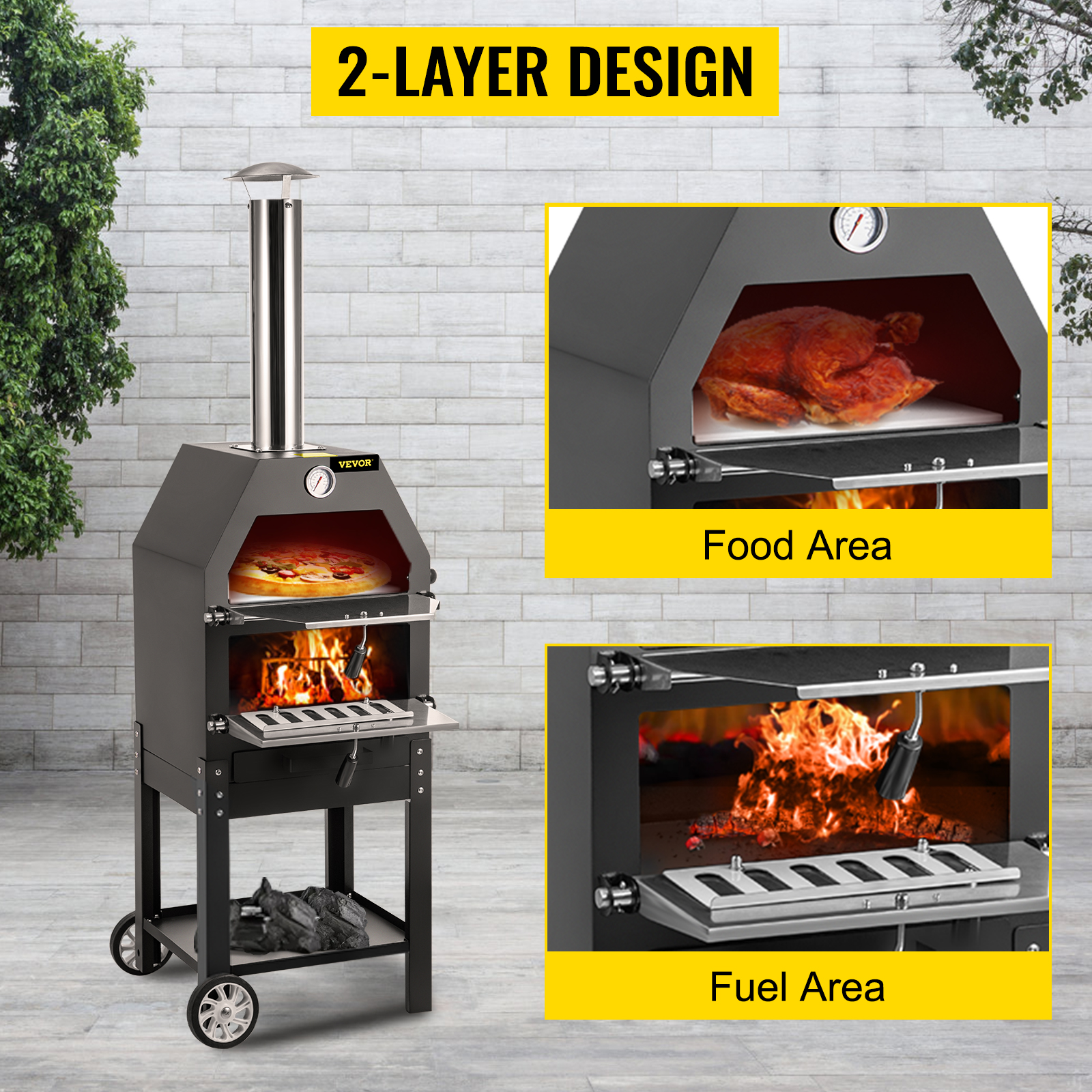 VEVOR Outdoor Pizza Oven, 12" Wood Fire Oven, 2-Layer Pizza Oven Wood Fired, Wood Burning Outdoor Pizza Oven with 2 Removable Wheels, Wood Fired Pizza Maker Ovens - image 3 of 9