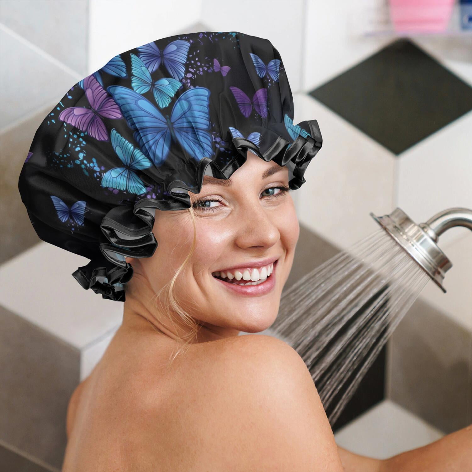 Shower Caps,Black Blue Purple Butterfly Pattern Waterproof Shower Cap for Women 4 Pieces,Double Reusable Hair Cover for Shower PEVA Elastic Stretch Hem