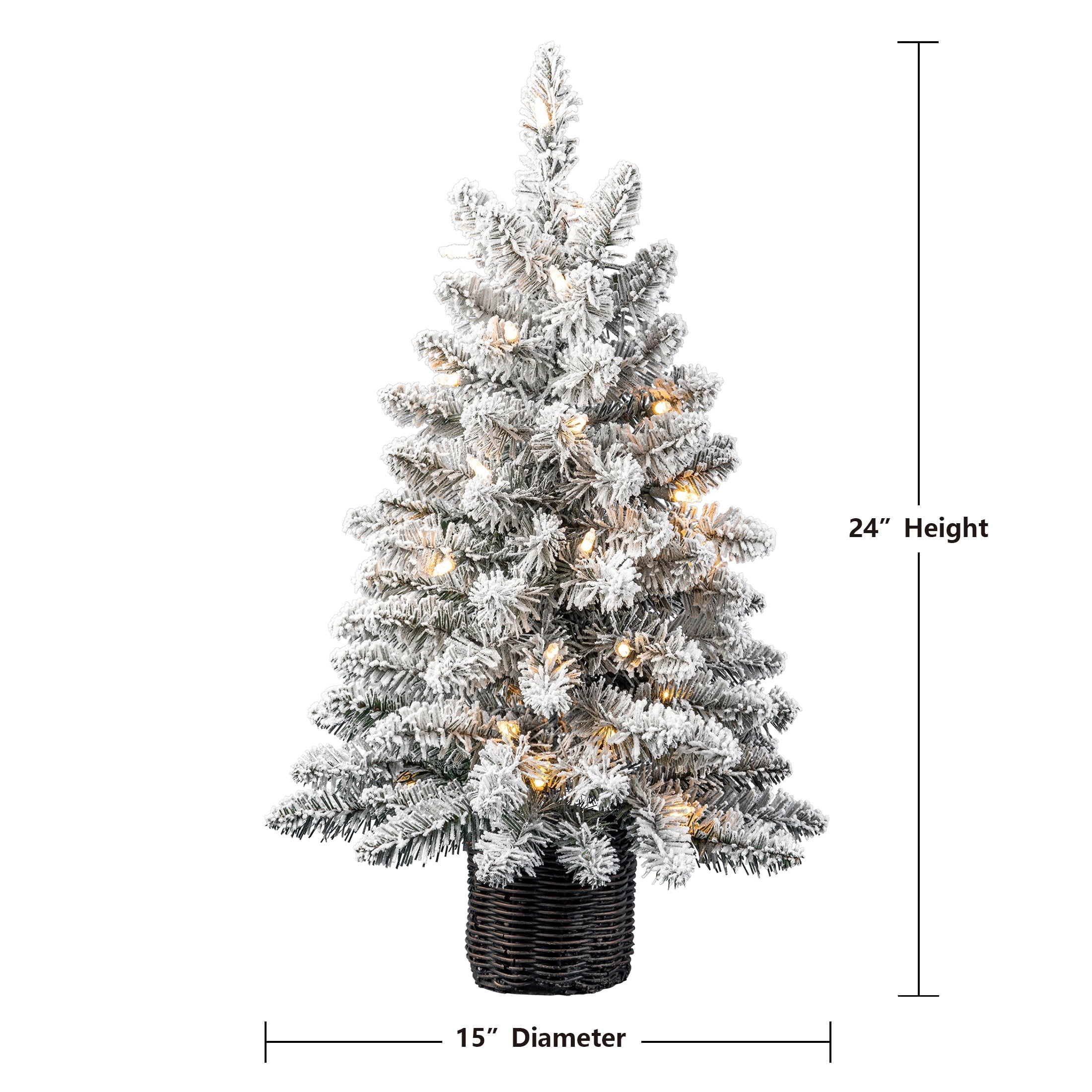 2' Small Pre-Lit Cooper Spruce Snow-Flocked Green Artificial Christmas Tree with 35 Warm White LED Lights in Woven Basket, by Holiday Time