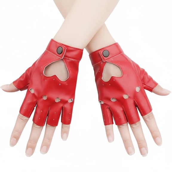 Januofit 1 Pair Half Finger Leather Gloves - Stylish Red Fingerless Biker Punk Gloves for Halloween, Women, Girls, Cosplay, Performance