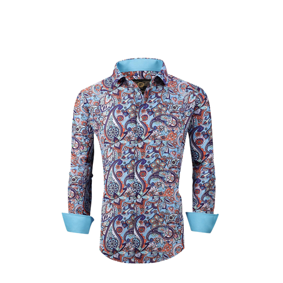 Mens PREMIERE Paisley Long Sleeve Buttin Down Dress Shirt Orange Turquoise