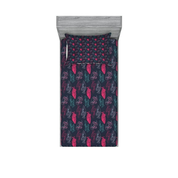 Ambesonne Heart Fitted Sheet & Pillow Sham Set, Anatomical Human Organ Veins, Twin, Hot Pink and Charcoal Grey