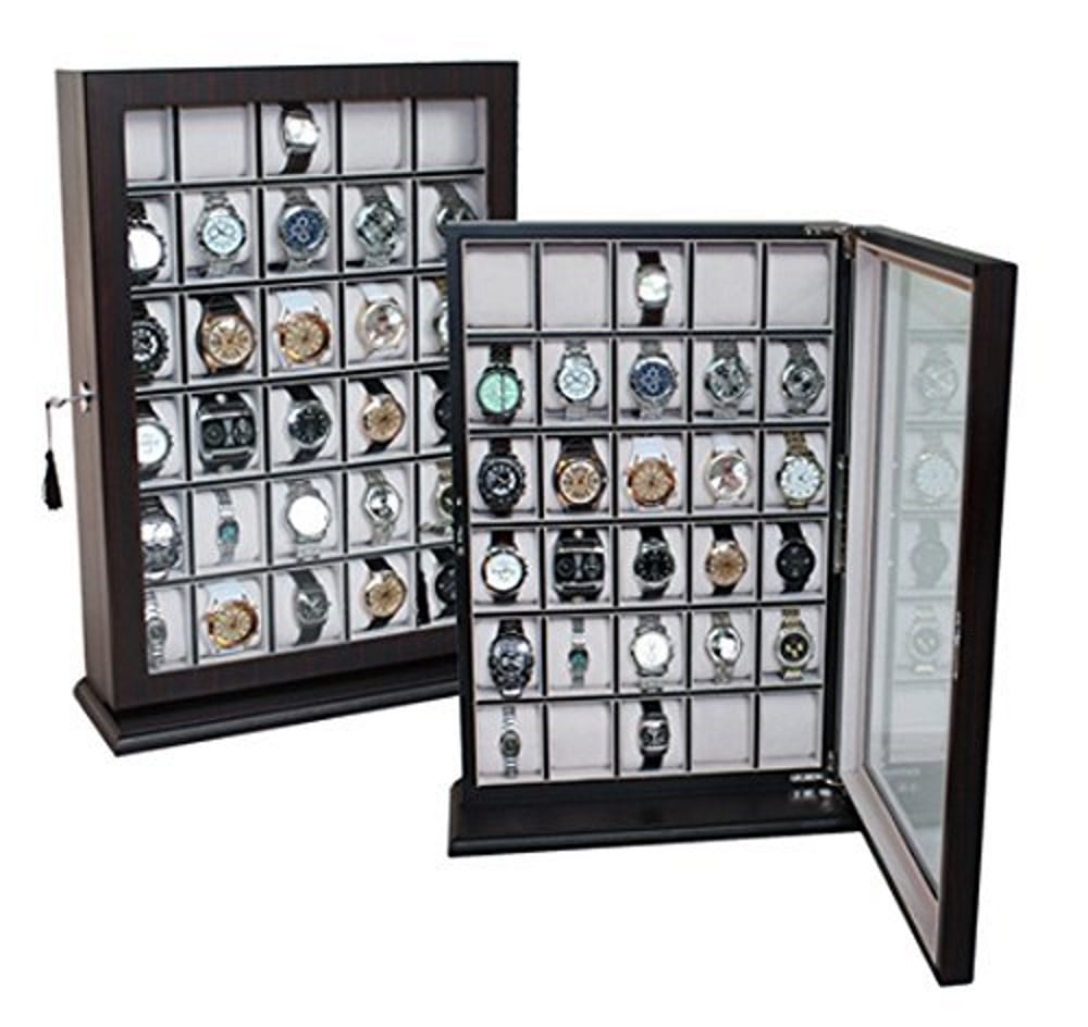 Timelybuys 30 Piece Cherry Wood Watch Display Case Wall Stand Holds Watches up to 65mm