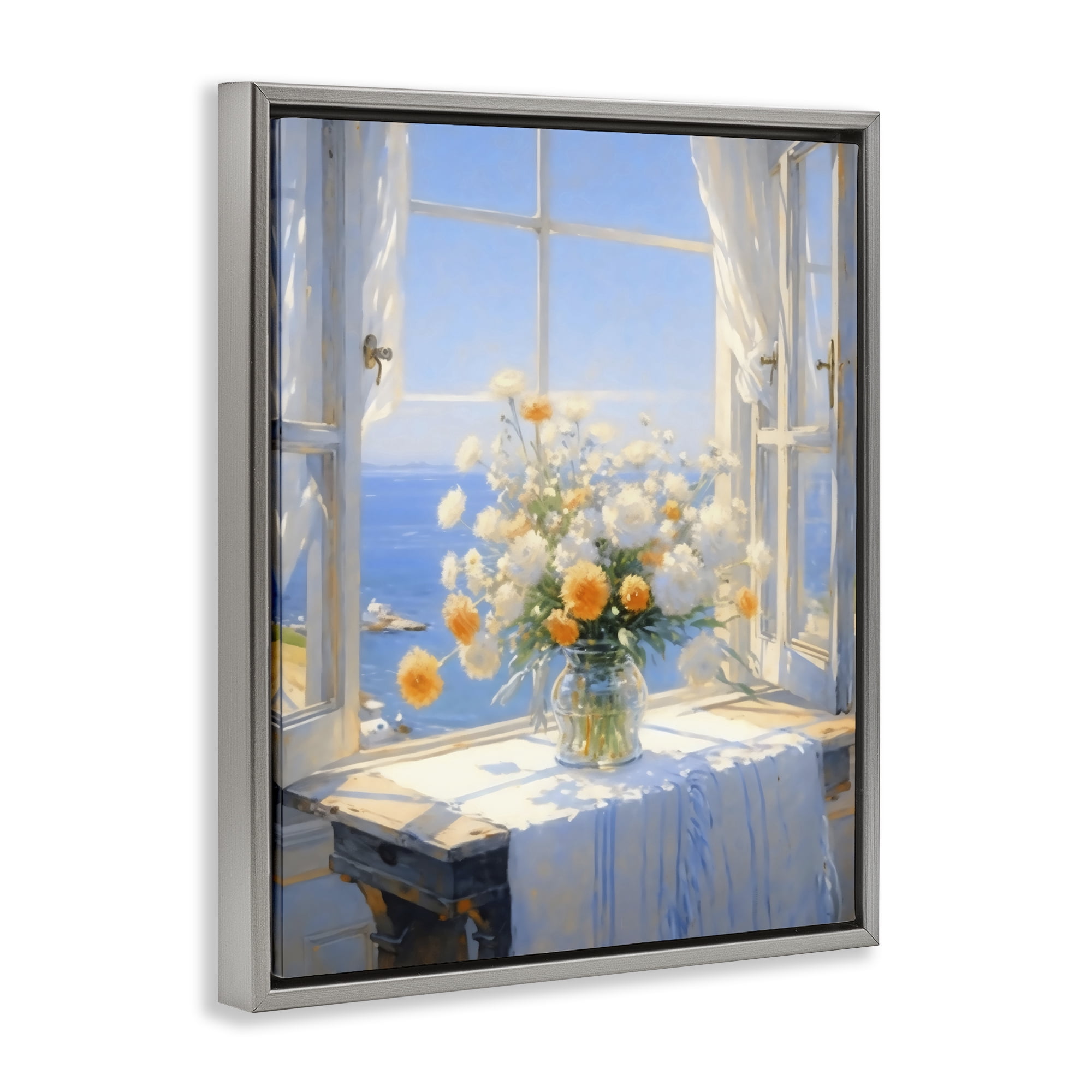 Stupell Industries Floral Window View of Sea Gray Framed Floater Canvas Wall Art, design by Creative Studio