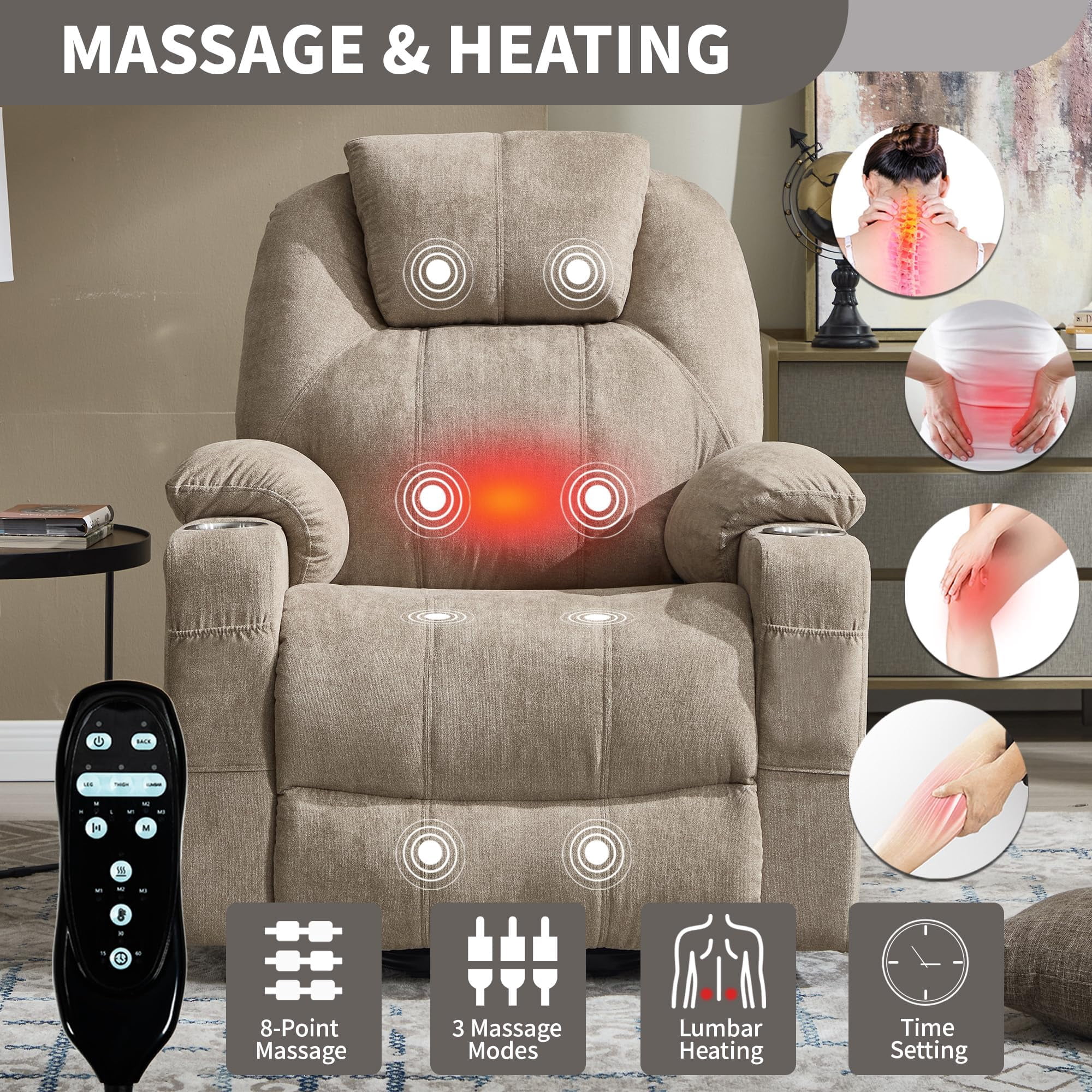 Power Lift Recliner Chair, Electric Lift Recliner for Elderly Reclining Chair with Vibration Massage and Lumbar Heating, Single Sofa with Charging Ports Cup Holders