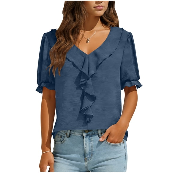 Purcolt Women's Summer Tops Dressy Casual Ruffle V Neck Puff Short Sleeve Shirts Trendy Business Work Office Tunic Tops Blouses