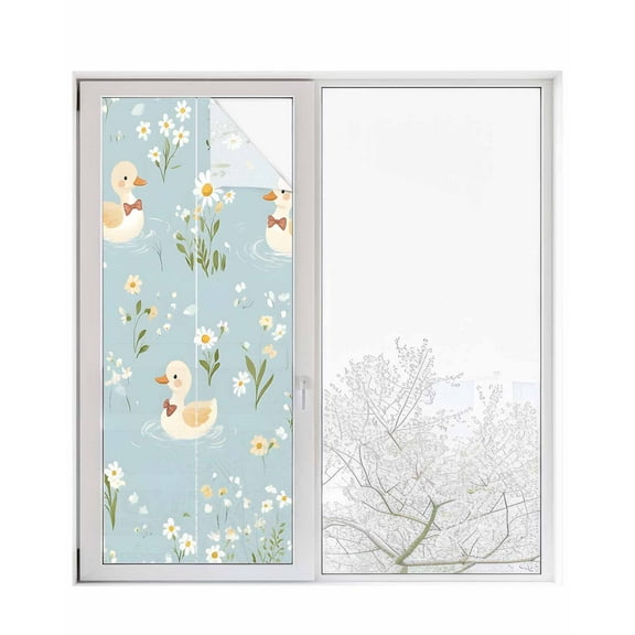 Window Privacy Film Spring Floral Stained Glass Window Film Decorative Sun Block Window Cover White Daisy Duck Greenery Blue Window Clings Static Adhesive Sticker for Bathroom 29.5"x78.7"