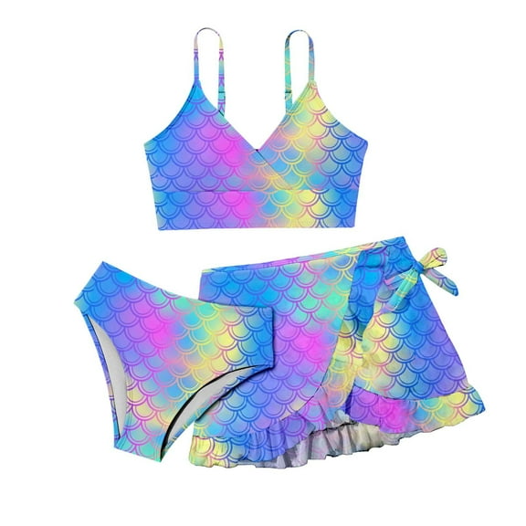 Toddler Swimsuit Girl Colorful Flounce Bikini Tankini Set Tiered Ruffle Fish Scale Print Bathing Suit Bikini Set with Fishtail