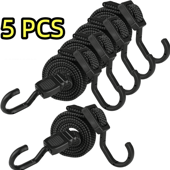 5 x Adjustable Tensioning Straps with Hooks, 100 cm Rubber Tensioning Strap, Flat Luggage Straps, Black Rubber Cord, Extra Strong Rubber Tensioner Rubber Bands