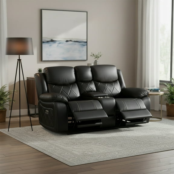 Contemporary Living Room Plush Faux Leather Upholstered Power Reclining Sofa, Black