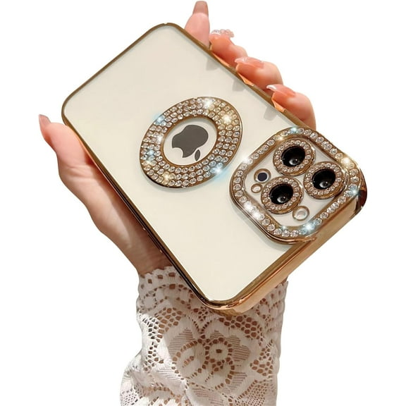 Compatible for iPhone 13 Pro Max Case with Luxury Clear Plating Logo View Glitter Cute Diamond Sparkly Design Aesthetic Women Teen Girls Phone Cases Bling Camera Protective Cover-Gold