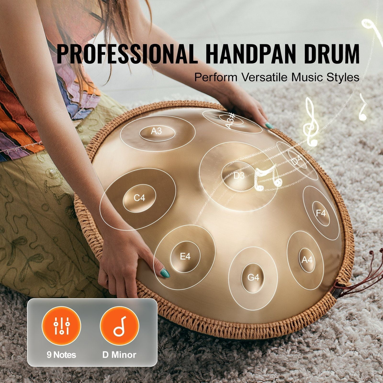 Hand drum 22 inches, 9 notes in D minor, 440 Hz, steel tongue drum with mallet holder and convenient bag, healing percussion instrument suitable for adult beginners