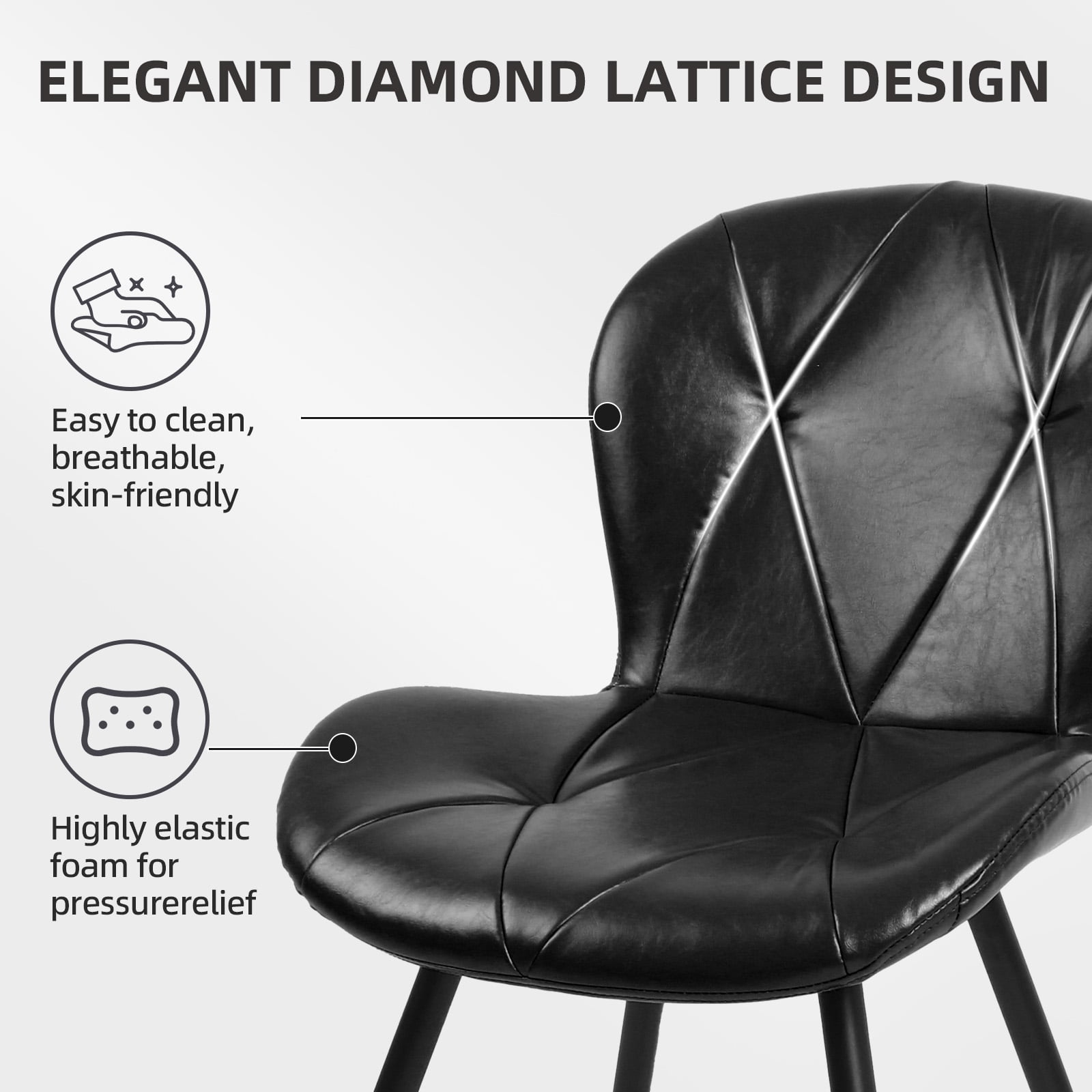 Set of 2 Black Faux Leather Dining Chairs, Ergonomic Backrest with Thick Foam Cushion, Metal Legs & FSC Frame, Scratch & Stain Resistant, 300 lbs Weight Capacity