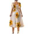thumbnail image 6 of EINCcm Women's Flower Print Puff Short Sleeve Square Neck A Line Maxi Dress Tie Front Slit Milkmaid Dress, 6 of 8