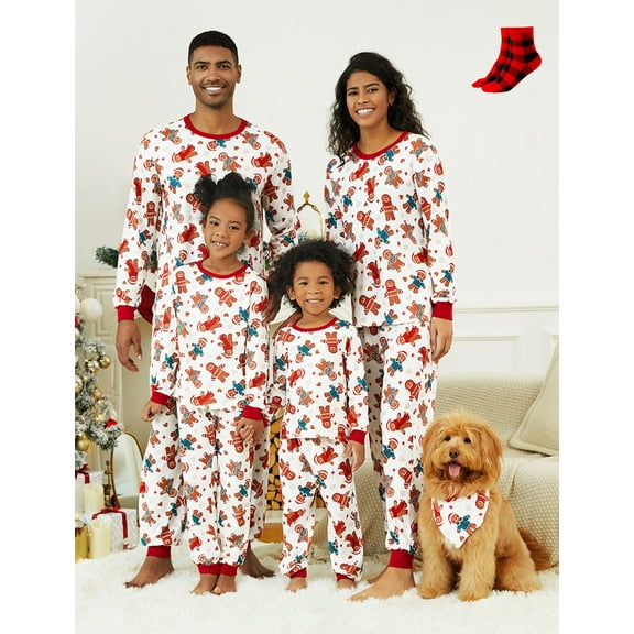 PatPat Womens Pajamas Sets Christmas Family Matching Pjs Gingerbread Man Long Sleeve Top and Pant White Loungewear with Socks, 2-Piece, Size M