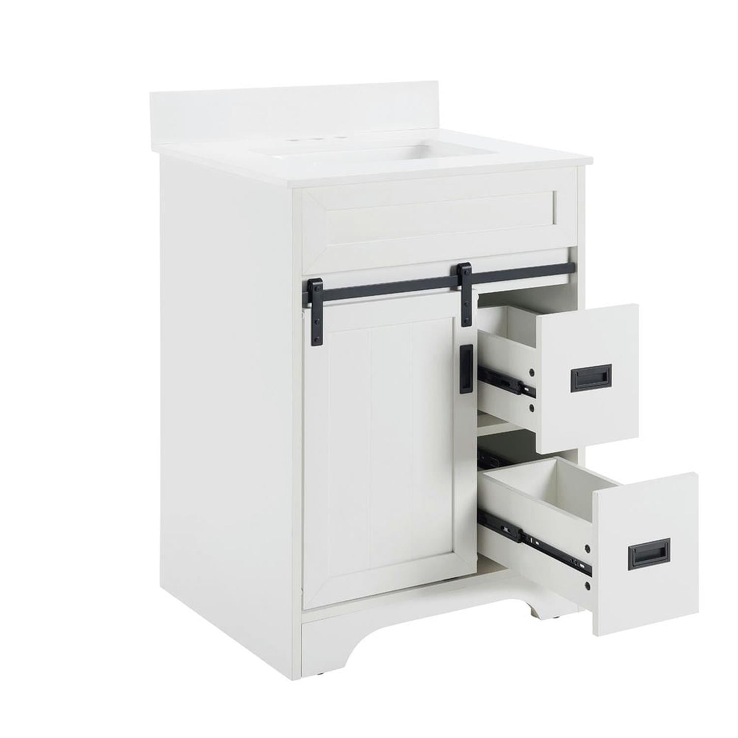 Demi Bonn 24" Freestanding Bathroom Vanity with Single Sink Combo, Farmhouse Undermount Bathroom Vanities Cabinet with Sliding Barn Doors and 2 Drawers, White