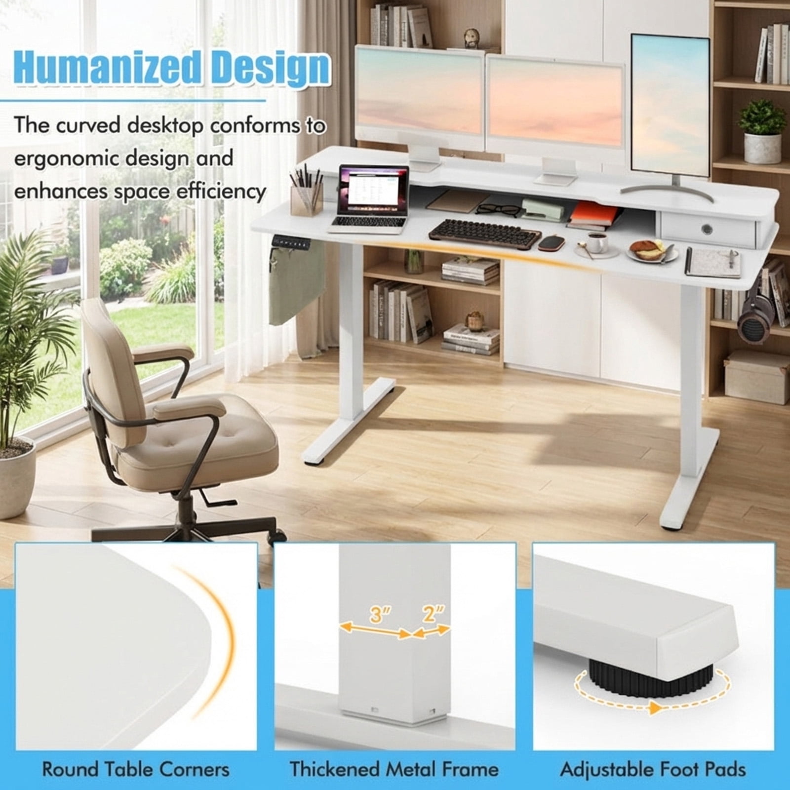 Furnibear 63 x 24 Inch Large Electric Standing Desk with 2 Drawers Monitor Stand Memory Presets Anti-Collision White