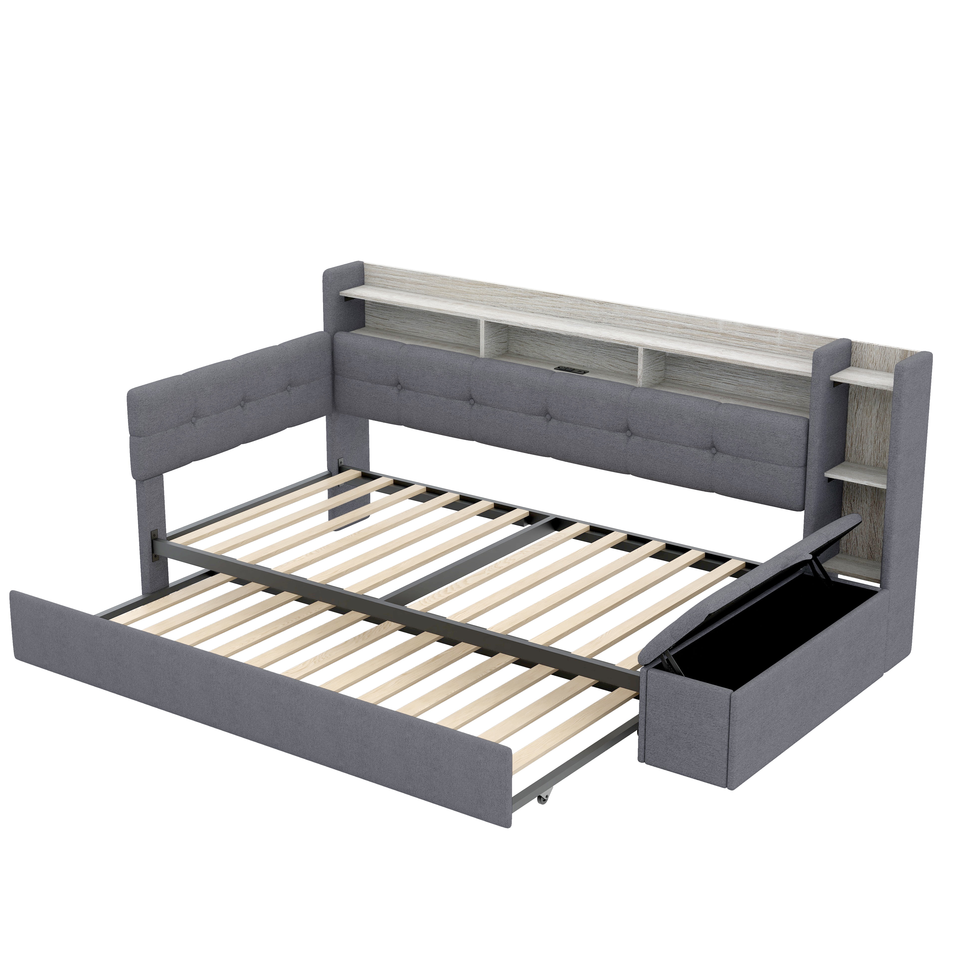Euroco Upholstery Twin Size Daybed with Trundle, Storage Sofa Bed with Footstool and Shelves, LED Light and USB Charging, Grey