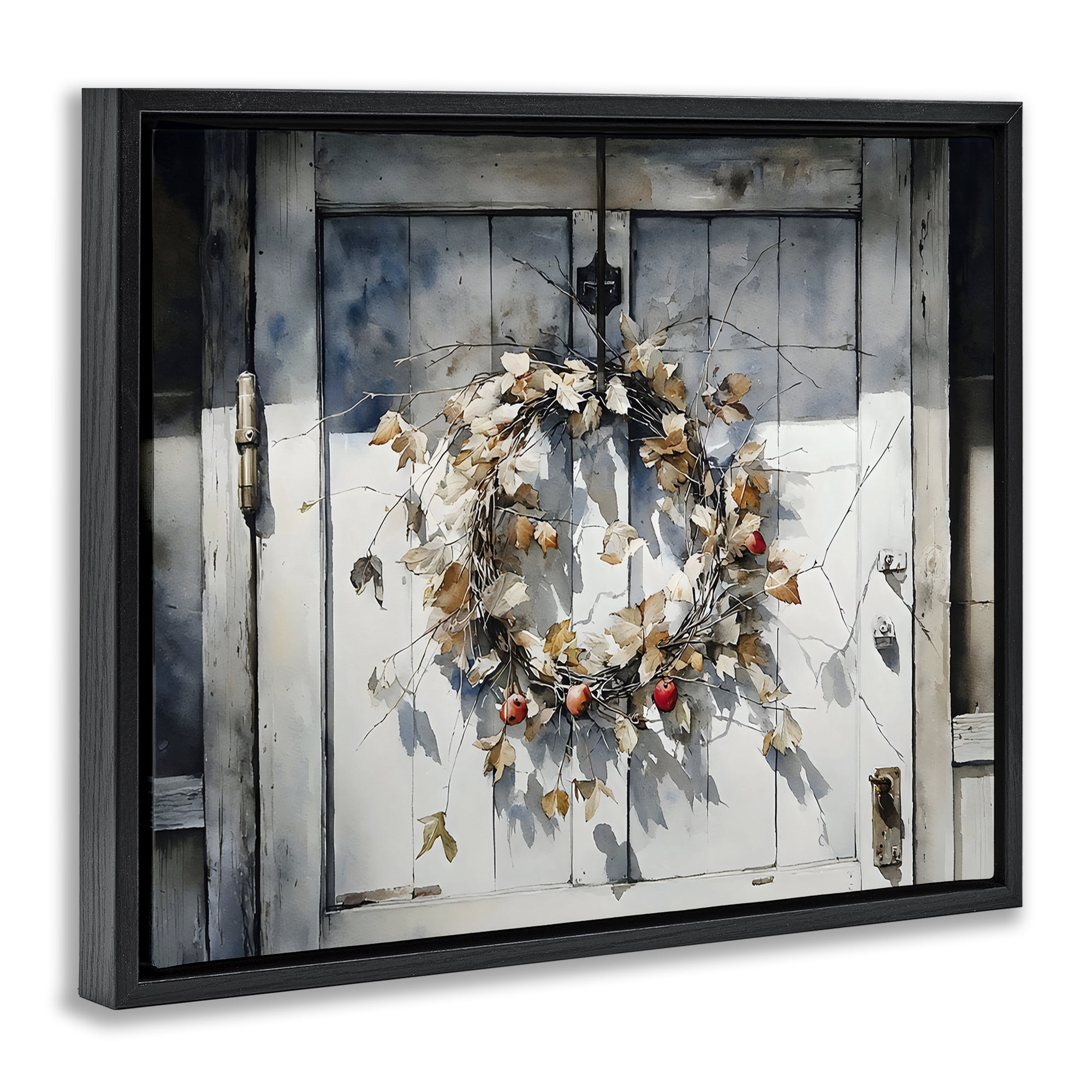 Stupell Industries Rustic Wreath on White Door Black Framed Floater Canvas Wall Art, design by Franklyn Gregory